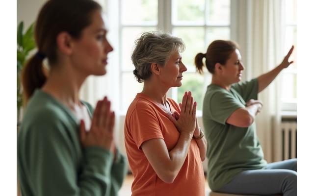People engaged in gentle movement exercises, demonstrating chronic pain management techniques