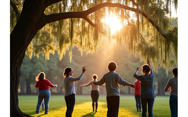 Group of adults enjoying an outdoor yoga or tai chi session in a New Orleans park