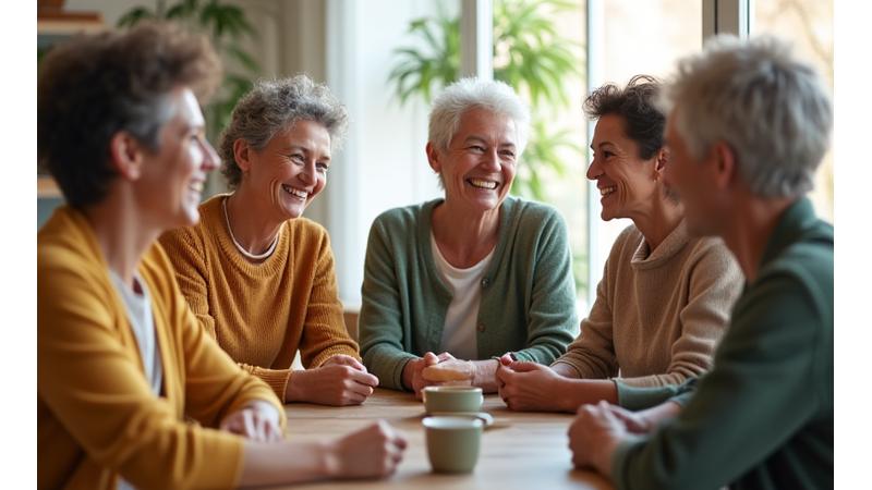 A diverse group of middle-aged individuals smiling and engaging happily in a community setting, symbolizing shared wellness journeys and feedback.