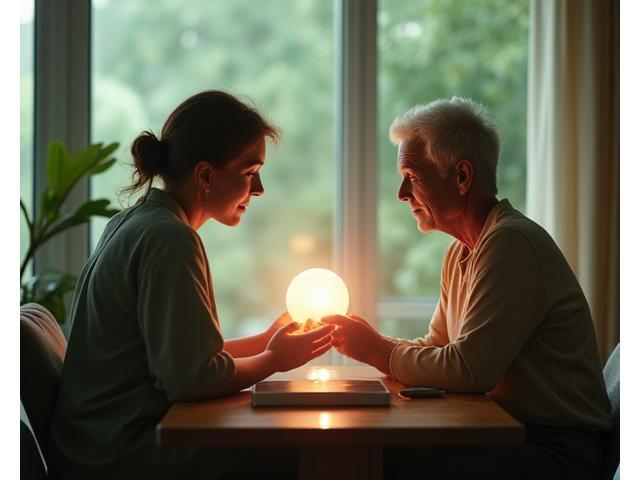 Two individuals in a calm, light-filled space, one holding a glowing sphere, symbolizing connection and support in wellness. 