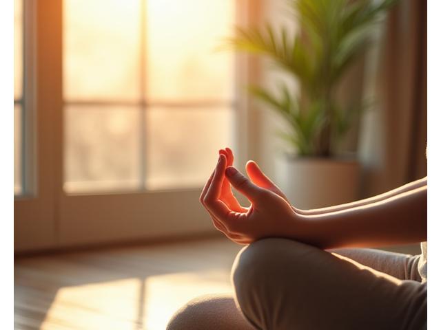 Person meditating calmly in a sunlit, minimalist indoor space, conveying peace and focus through controlled breathing.
