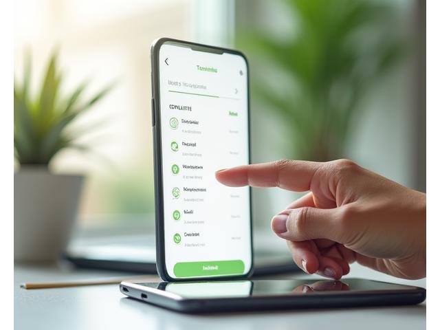 A hand marking off a successful day on a digital habit tracker app, showing a streak of green checks.