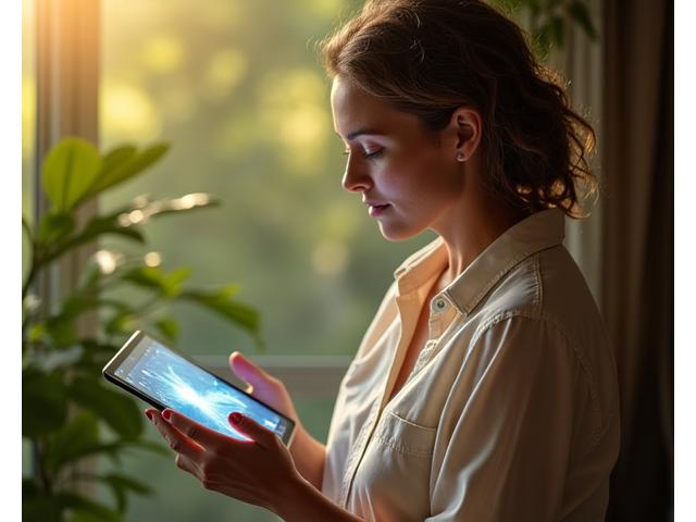 Woman interactively selecting a wellness program on a tablet, surrounded by calm, green-toned elements.