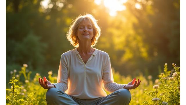 A person meditating calmly in a sunlit garden, symbolizing mental wellness conversations.