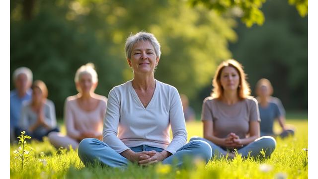 A diverse group of calm individuals engaging in mindfulness meditation, representing expert guidance on mental wellness.