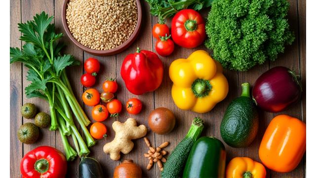 A vibrant assortment of fresh, healthy produce and grains, symbolizing nutrition science interviews.