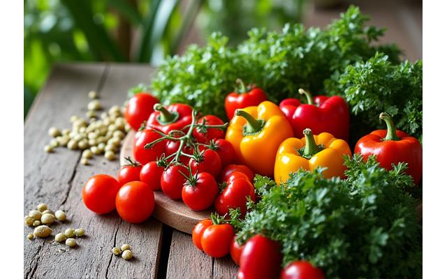 Vibrant, fresh produce artfully arranged in an eco-friendly kitchen setting.