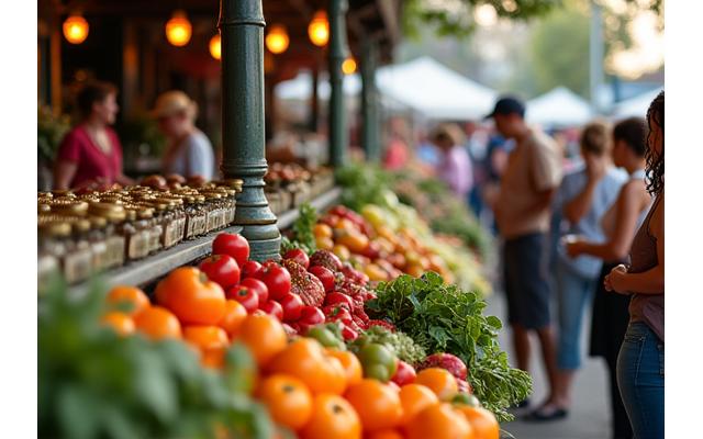 Vibrant New Orleans farmers market stall with fresh produce and wellness goods