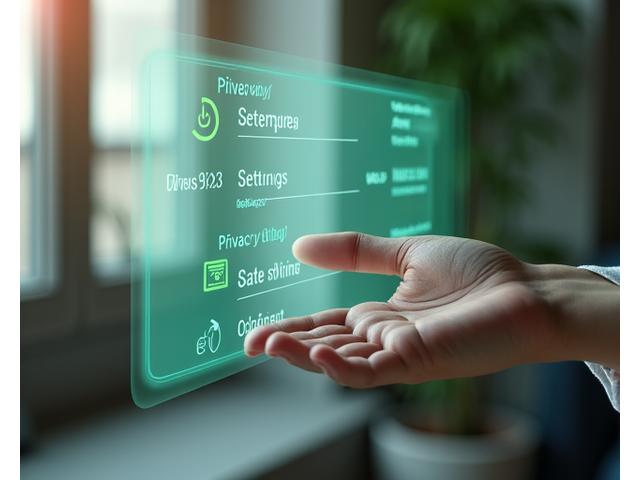 A hand interacting with a holographic interface showing privacy settings and toggles, representing user control over data.