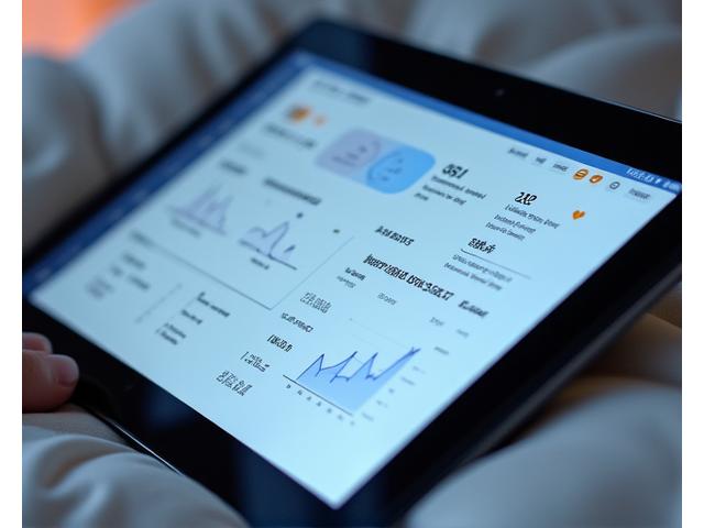 A digital sleep tracking dashboard on a tablet or computer screen, displaying graphs, metrics, and personalized insights for sleep quality improvement.