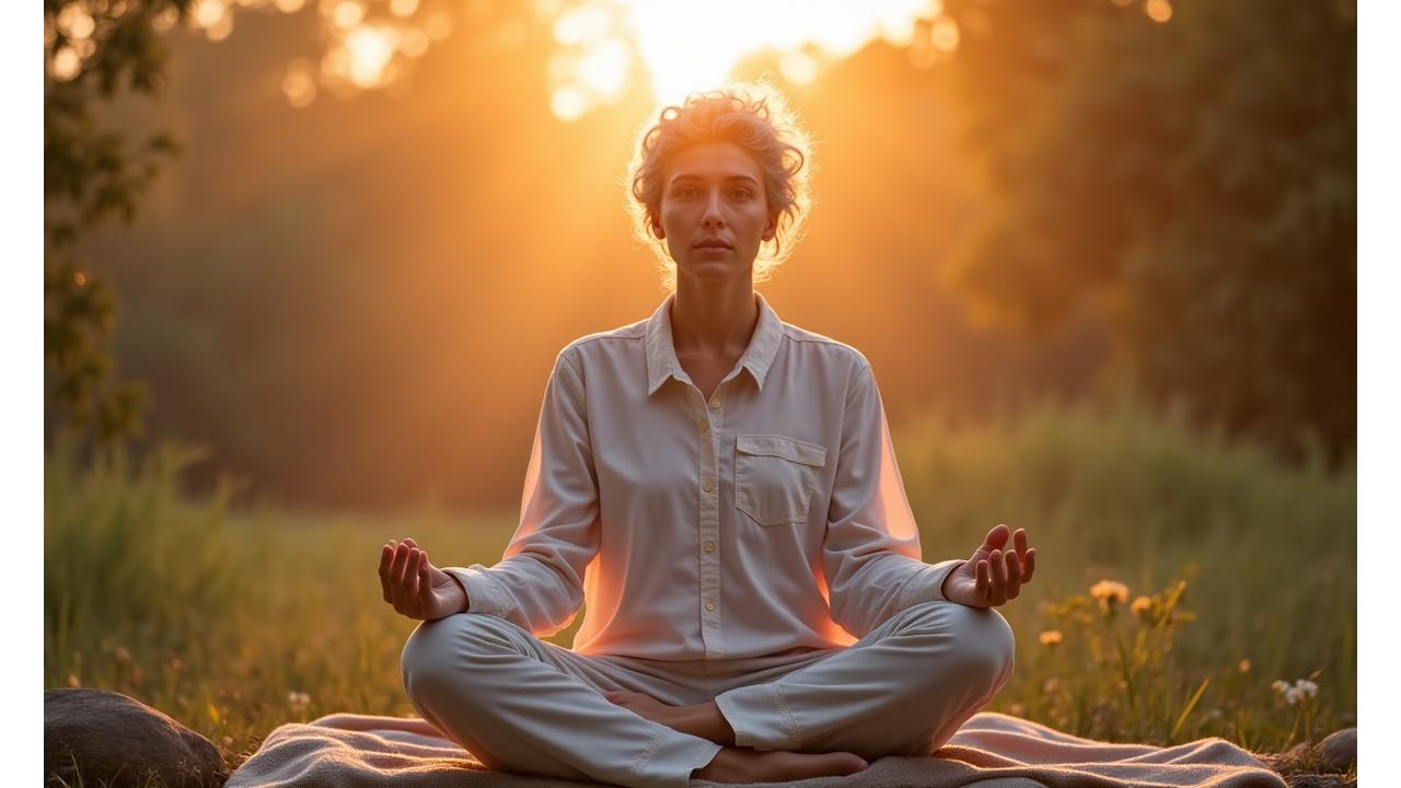 A person meditating in a peaceful, softly lit room, surrounded by calming elements, symbolizing stress management leading to better sleep.
