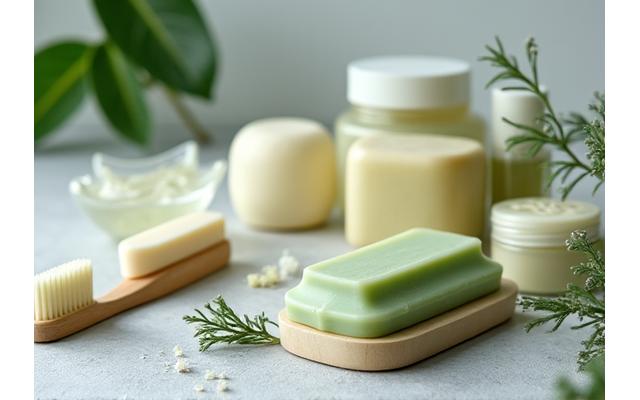 Natural personal care products like solid shampoo bars and bamboo toothbrushes on a stone background.