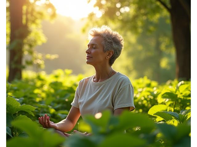 Woman meditating in a lush, green, clean outdoor environment, symbolizing harmony between personal wellness and nature.