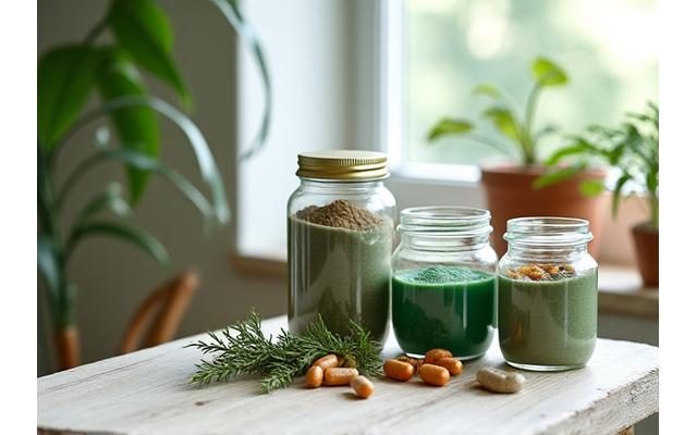 Glass jars of organic nutritional supplements on a natural wood table, with herbs in the background.