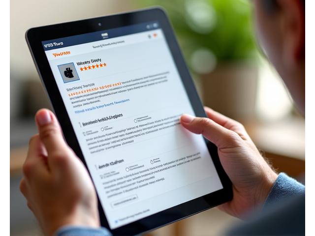 Close-up of a tablet screen displaying a product review page with five-star ratings and detailed text, held by a thoughtful adult in a bright, natural setting.