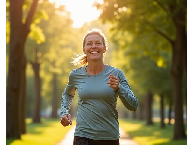 A confident woman in her late 40s smiling during a morning run in a park, symbolizing improved fitness and vitality.